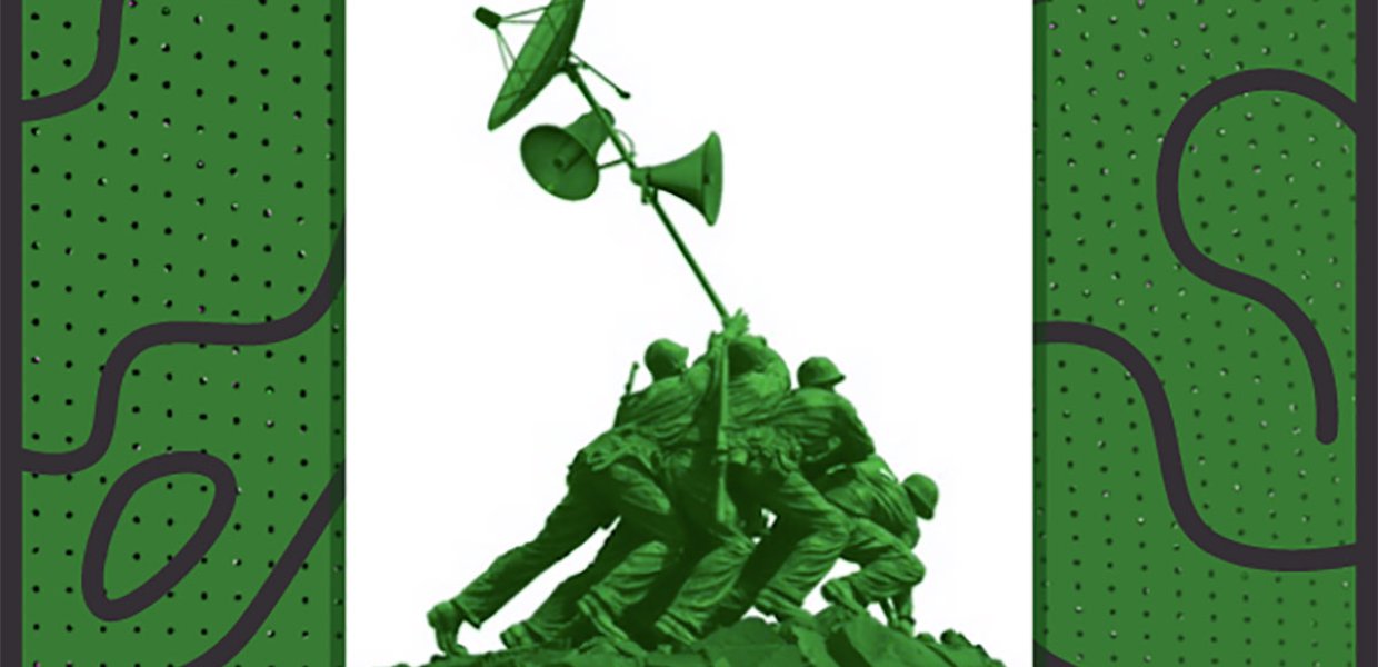 Cover for event featuring a rendition of the famous photograph of the raising of the American flag on Iwo Jima, but where the flag should be, the people are raising megaphones and satellites