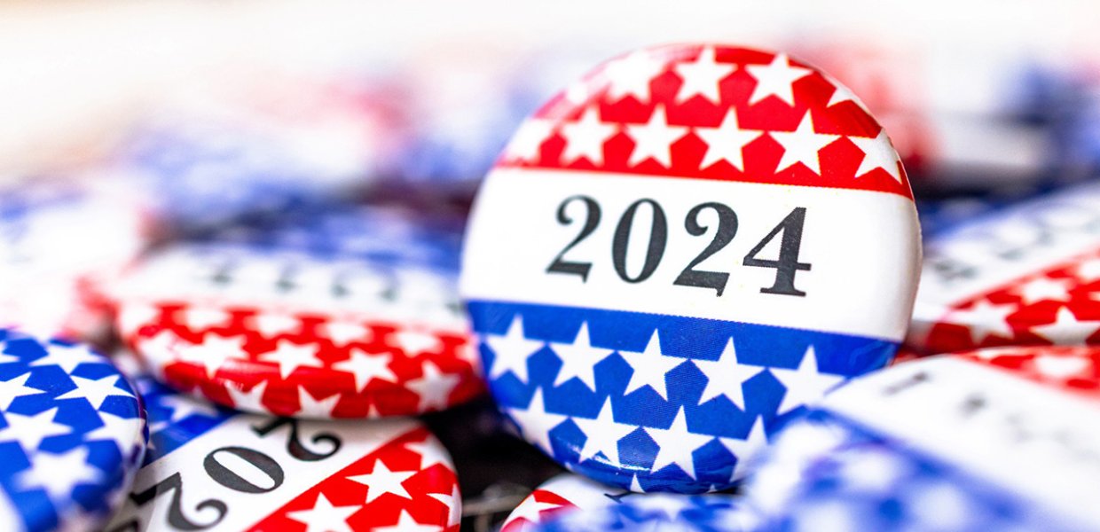 Election buttons that read "2024"