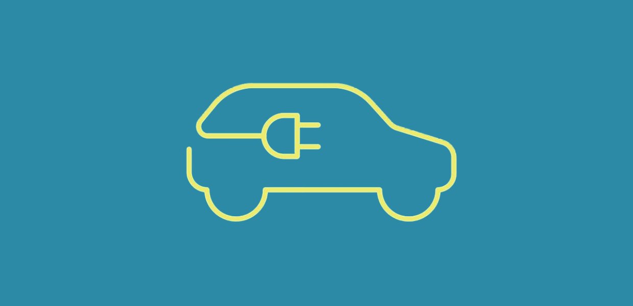 Yellow car symbol with a plug inside of the graphic against a blue background