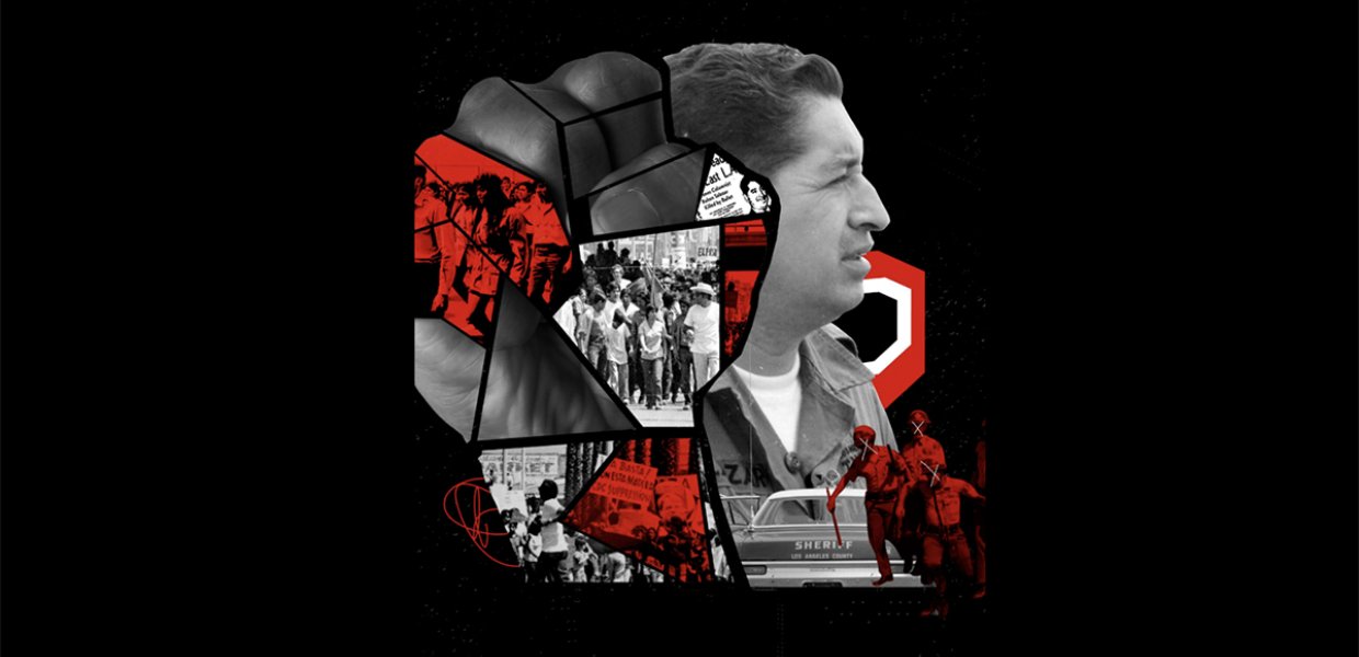 Graphic illustration of moments and images of the "Chicano Revolution" collaged