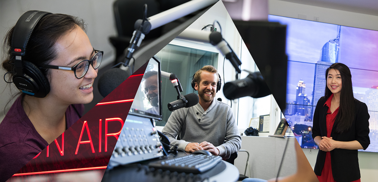 Collage of different podcast elements like a person wearing headphones, speaking into a mic, a soundboard, and an "on-air" sign