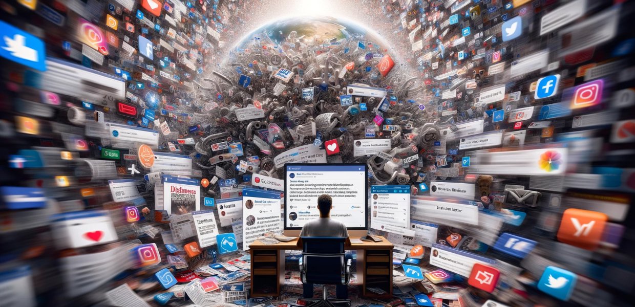 Man at computer with internet posts surrounding him