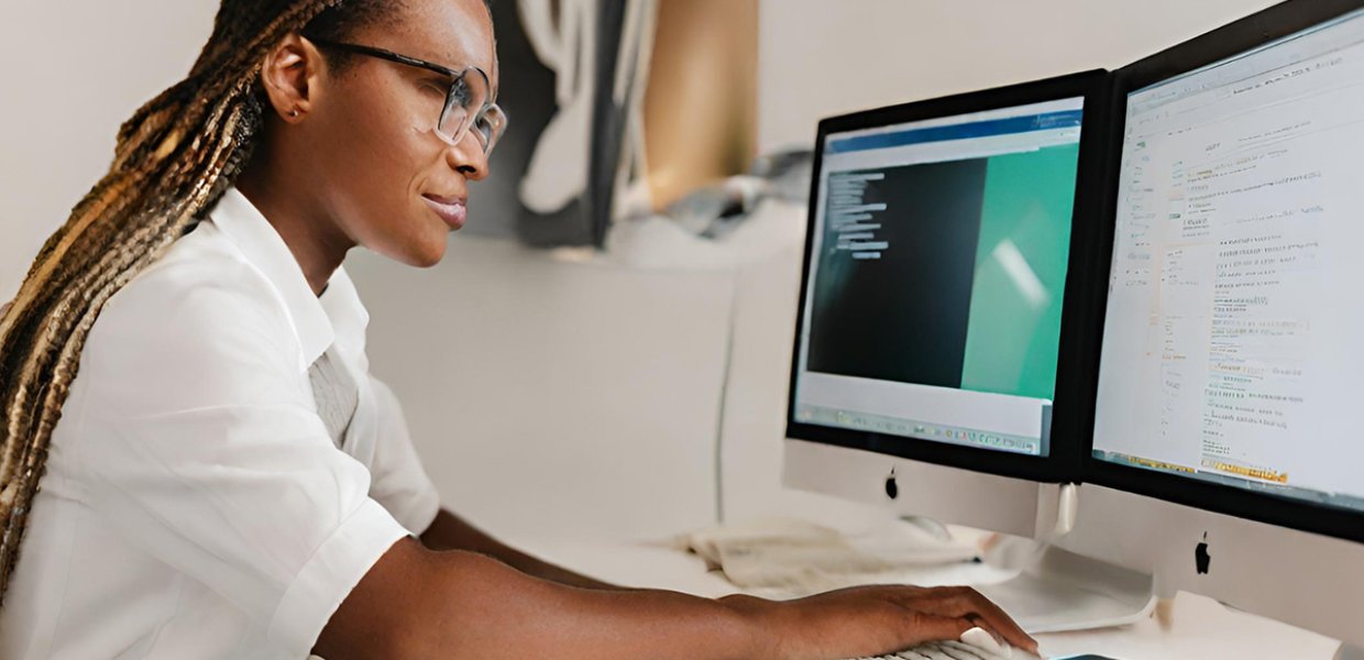 Woman working at a computer with two monitors