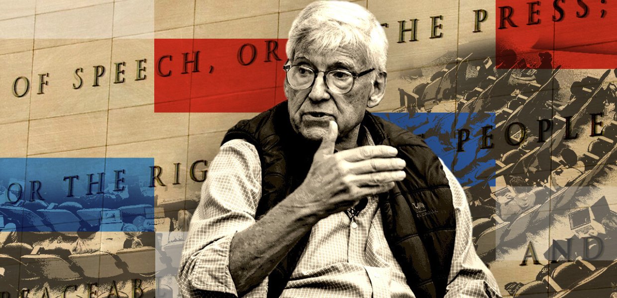 A photo of University Professor Geoffrey Cowan mid sentence while teaching is sepia toned and overlayed over a collaged background picturing classroom photos, text about the free press, and rectanbles of red, white and blue.