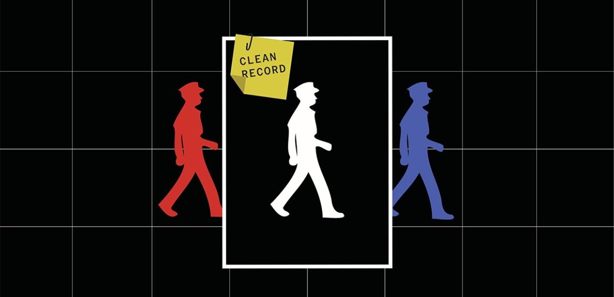 Illustration that features figures rotating through a box labeled "clean record"