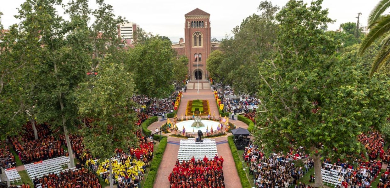 Photo of a celebration in front of Bovard Auditorium
