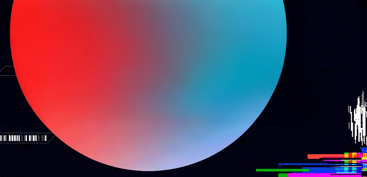 A circle with a blue and red gradient against a black background, with a glitchy pattern in the corner