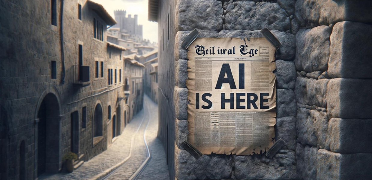 A newspaper that reads "AI IS HERE"