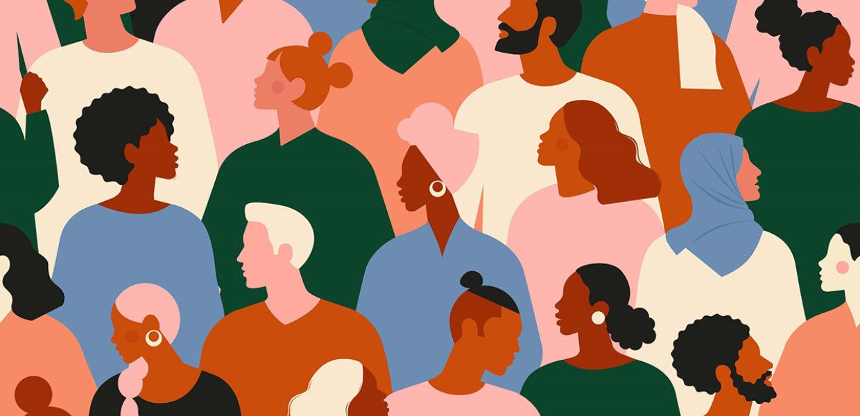 Colorful graphic of people in a crowd
