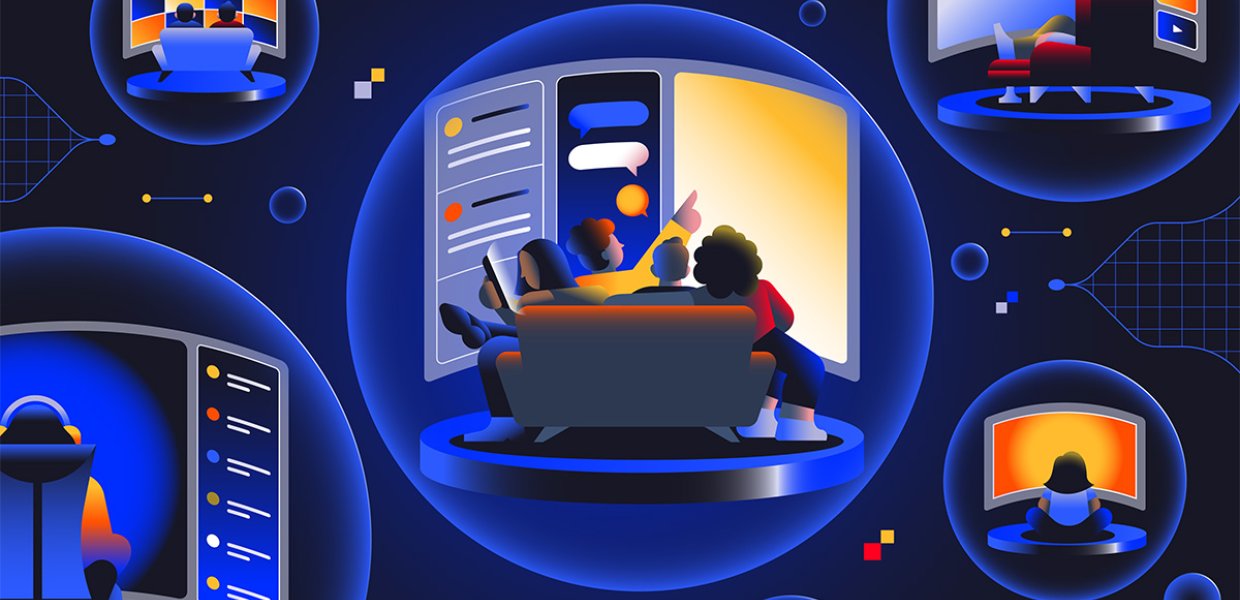 Dark blue illustration featuring a variety of bubbles inside which people watch TV screens, play video games, participate in chats, and otherwise engage with digital media. 