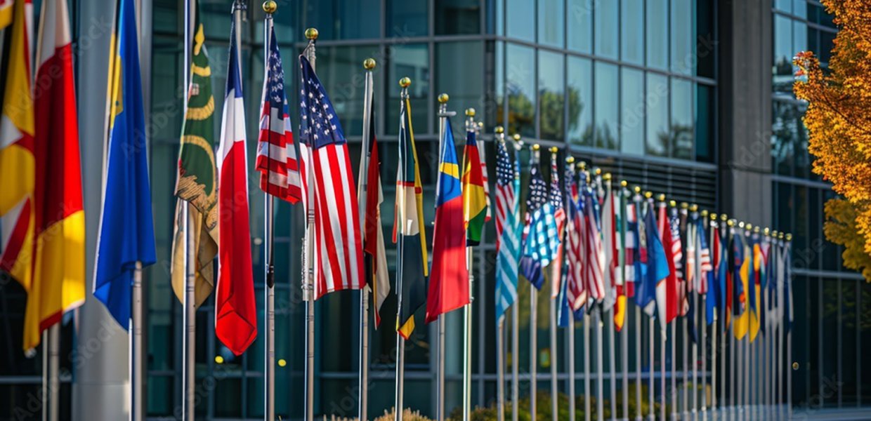 International flags lined up in a row