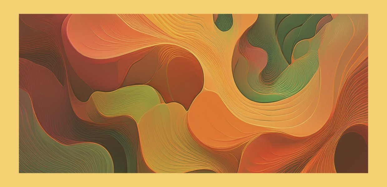 A graphic of green and orange hues swirling together within a pale yellow frame