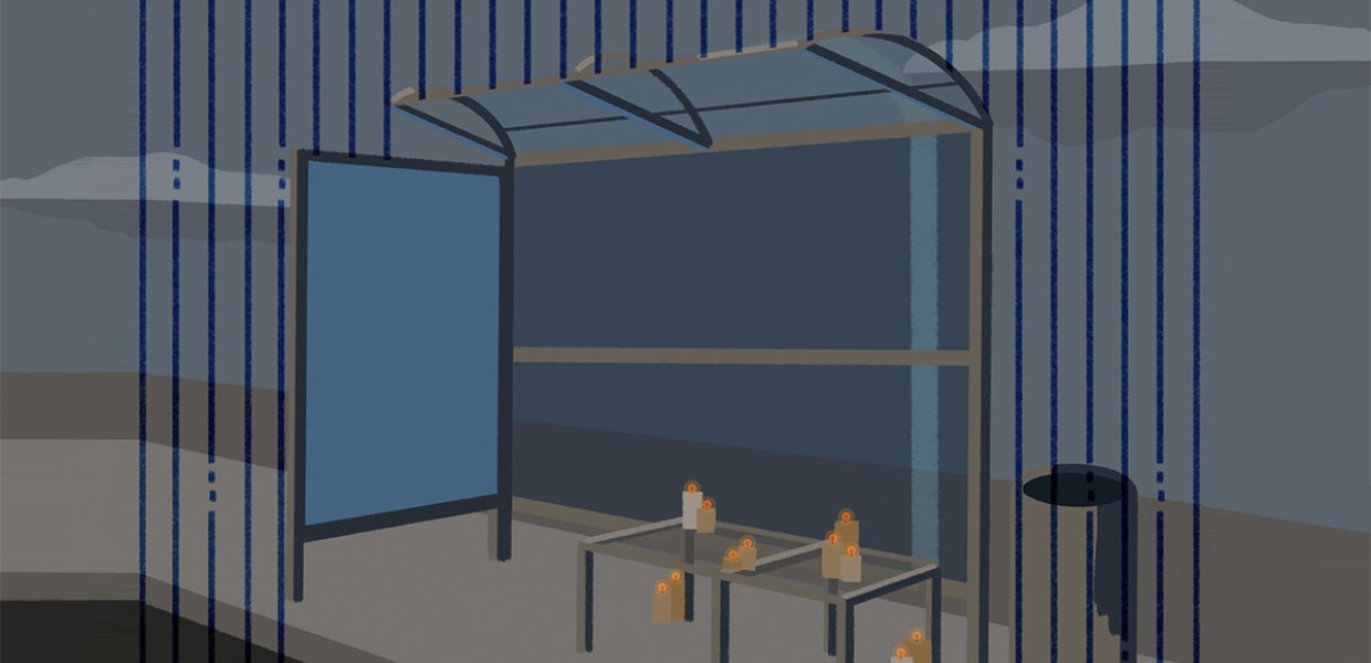 Illustration of a bus stop bench with candles lit