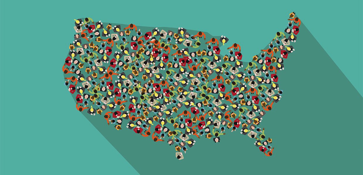 Graphic about the US census where the United States is depicted with many people all over the country