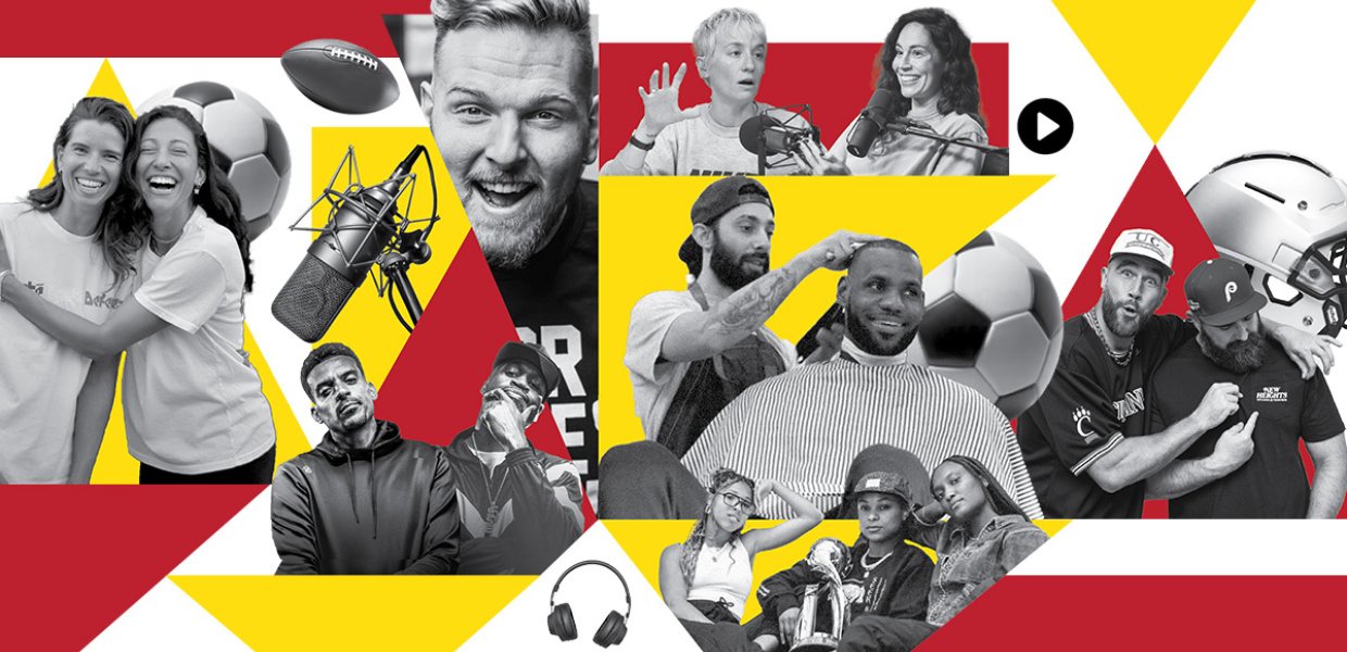 A collage of black and white photos of famous athletes who own their own media platforms over geometric gold and cardinal shapes.