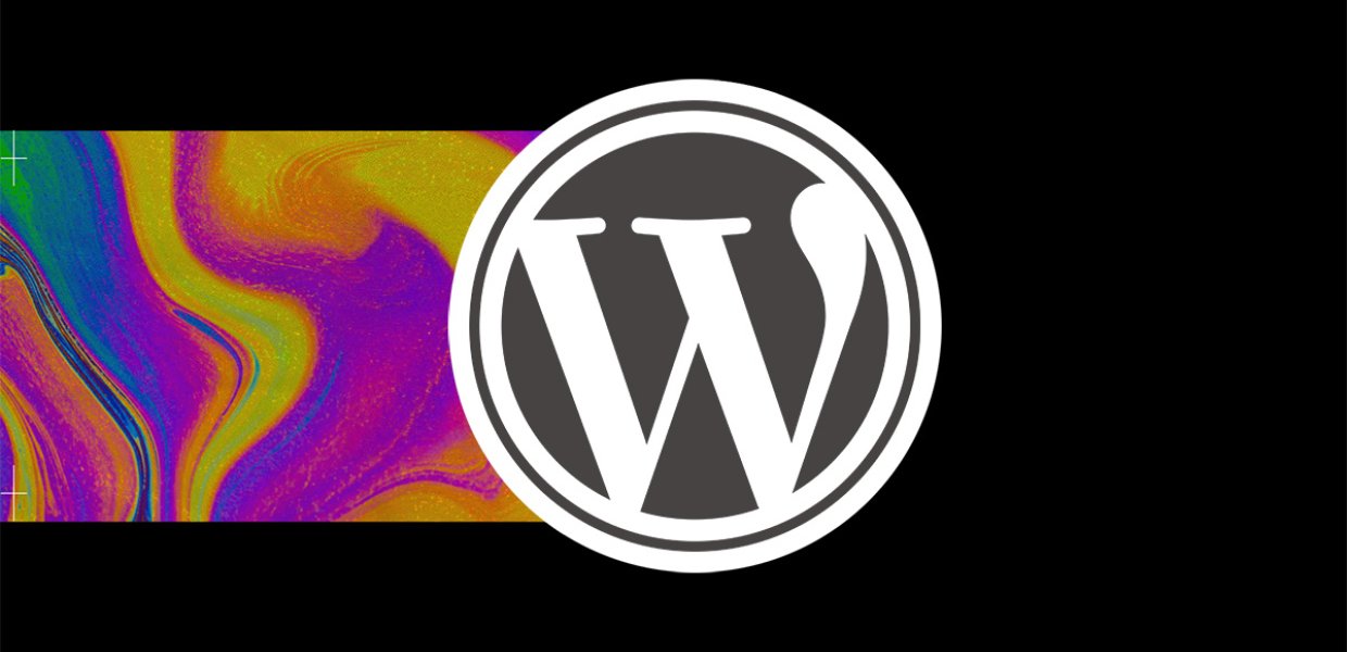 Wordpress logo against a black background, with an abstract neon pattern to the left