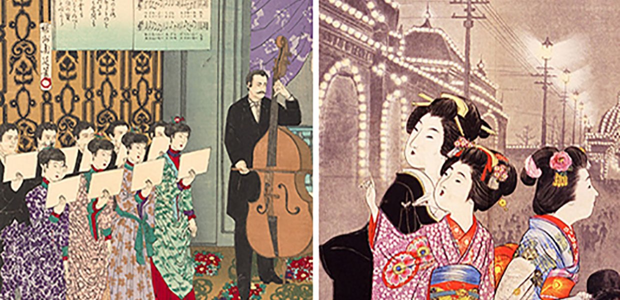 Two illustrations, one is "Concert of European Music" (1889) by Yōshū Chikanobu 楊洲周延 (1838-1912), one of the artists discussed at the workshop and a print of the Fifth National Industrial Exhibition in Osaka (1903) by Yamamoto 