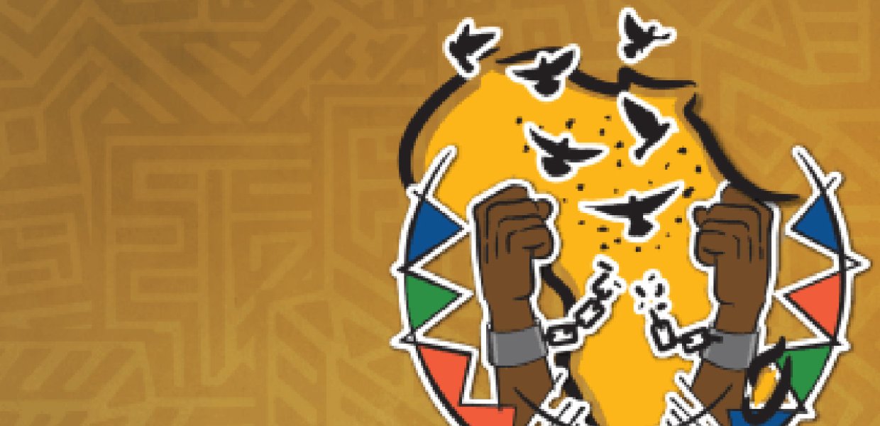 Two hands breaking out of chains with birds flying above them, and a map of Africa behind it