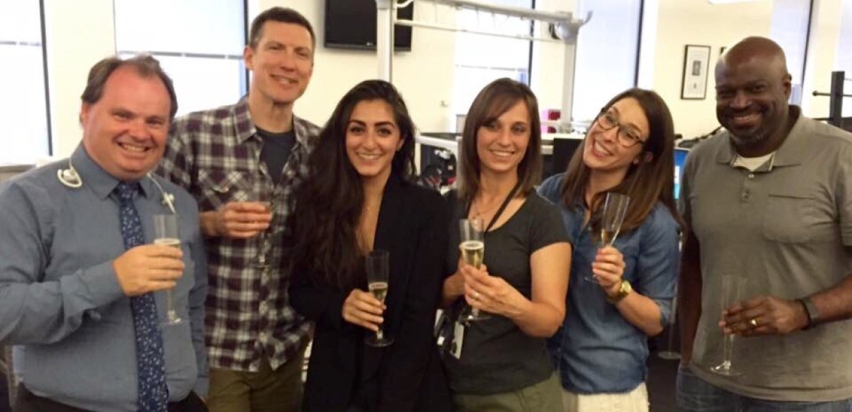 Los Angeles Times staff celebrate the Pulitzer on April 18, including USC Annenberg graduates Sarah Parvini (third from left) and Laura Nelson (fifth from left). Photo courtesy of Laura Nelson. 