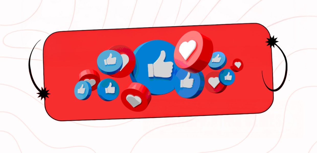 Likes and heart (symbols on social media) in a red box, with two stars on either side of it against a white background