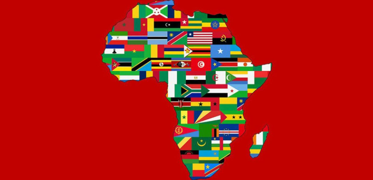 A map of Africa, containing the different countries within's flags, against a red background