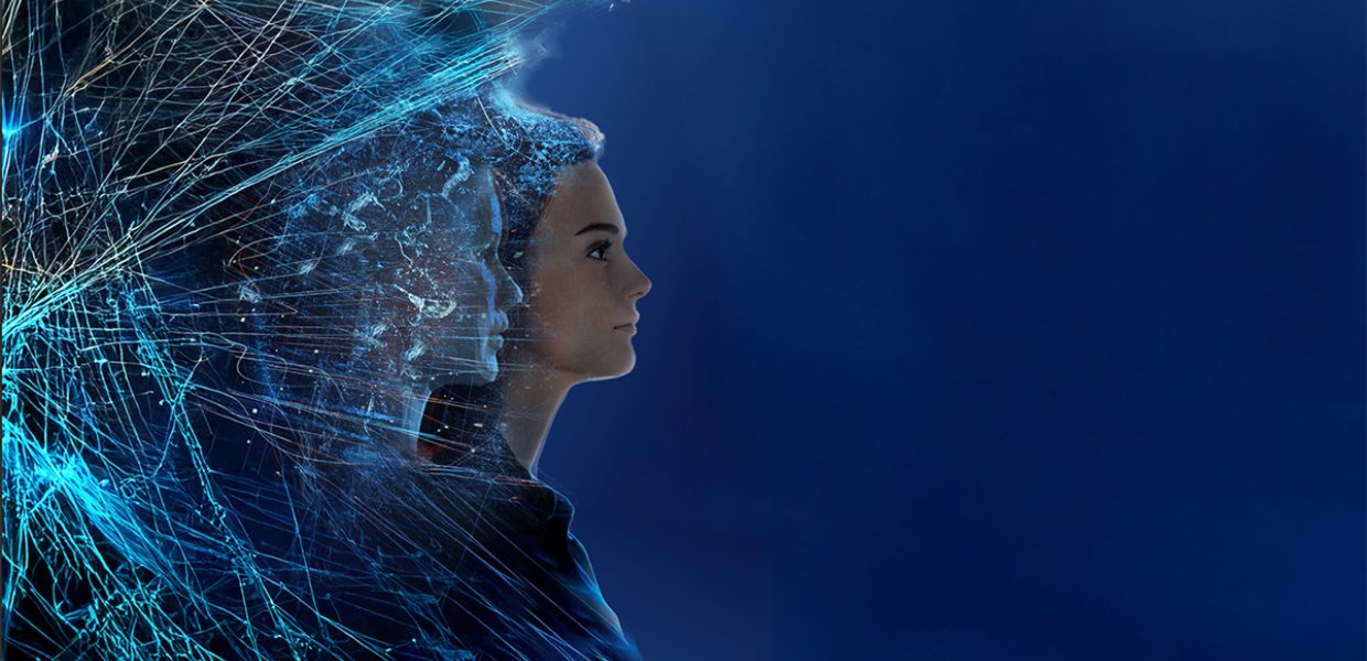 A woman's face emerging from a web of futuristic blue string