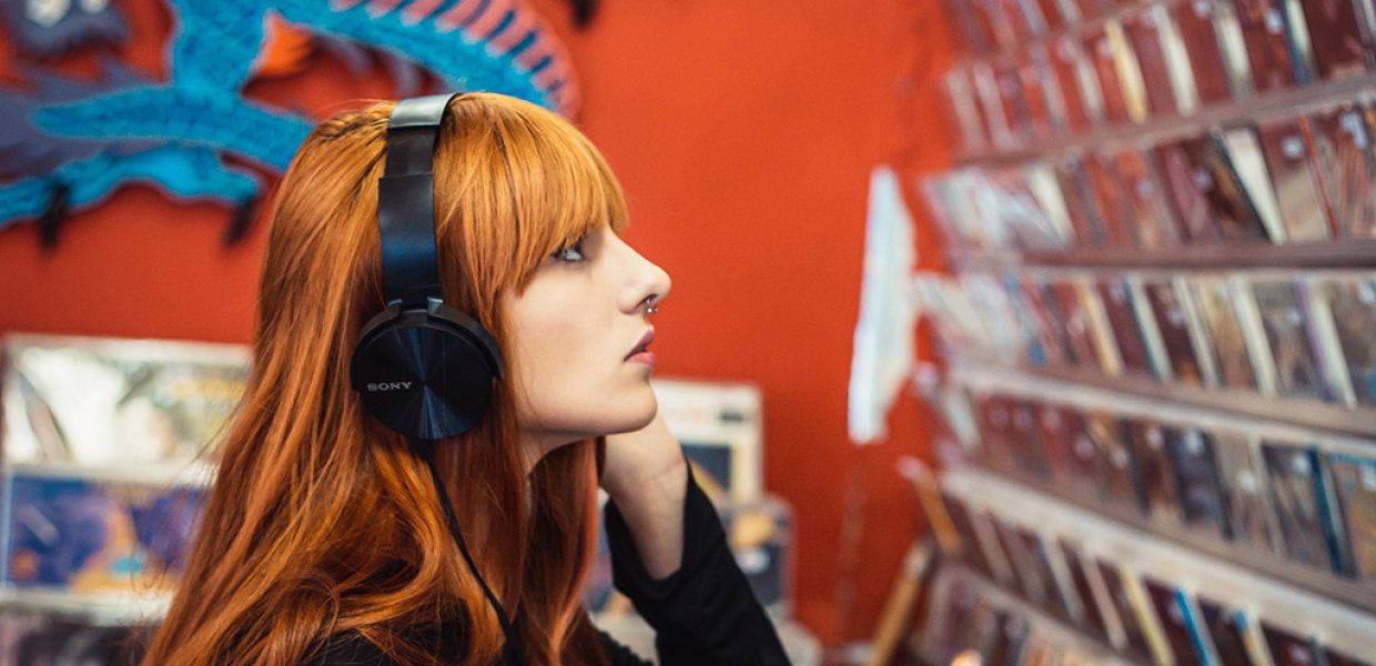 Girl at music store