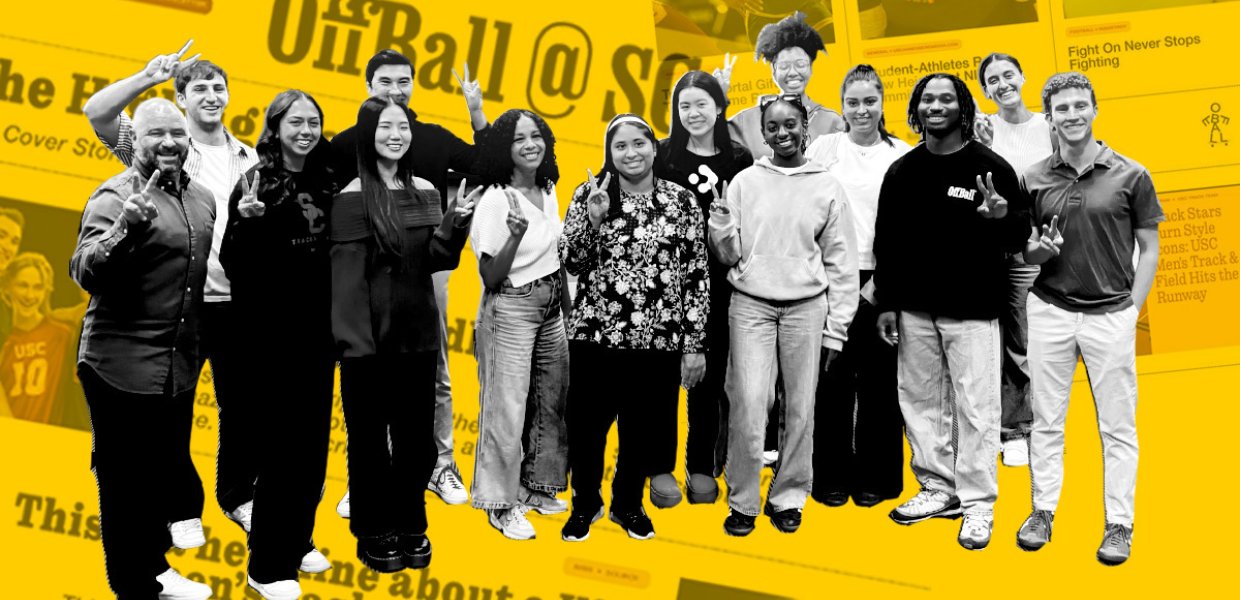 A collage shows a black and white image of students and faculty posing for a group photo over a gold news paper-like collage with the words "OffBall @ USC" visible.
