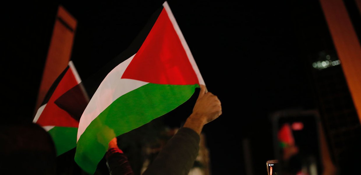 Photo of Palestinian flags being waved