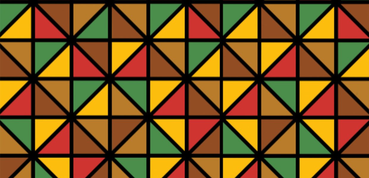 Patterned triangles with brown, red, green, and yellow tiles. 