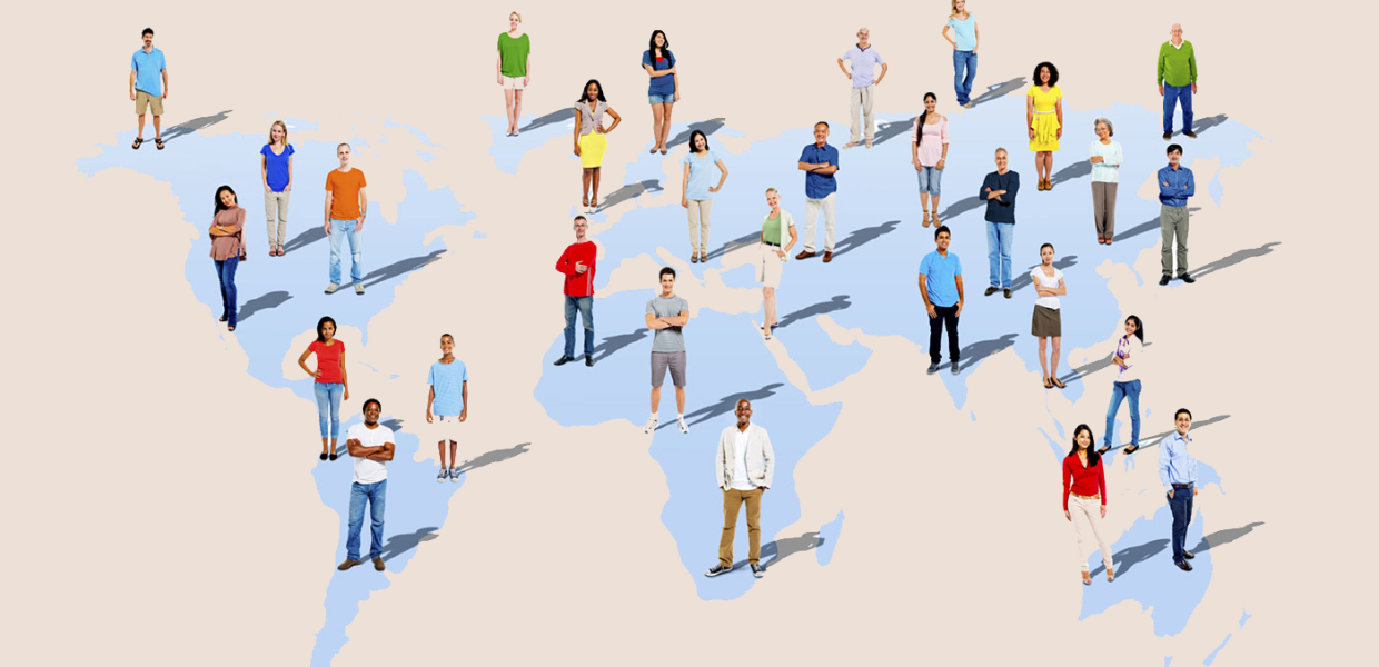 Illustration of a world map with people standing in every continent