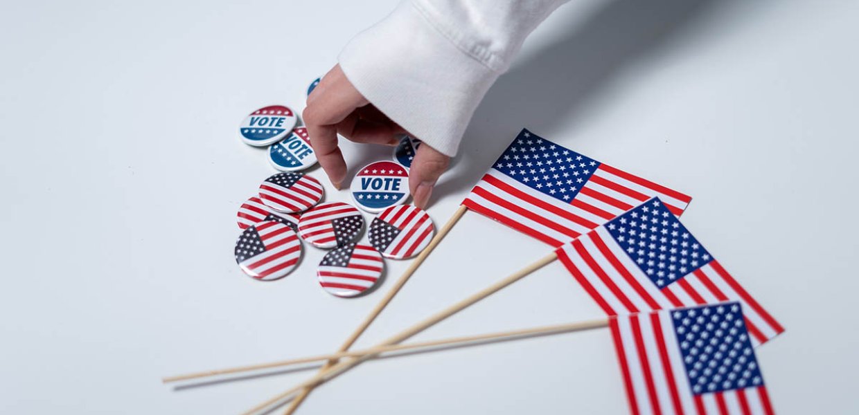 Photo of American flag pins and American flag souvenirs on a table
