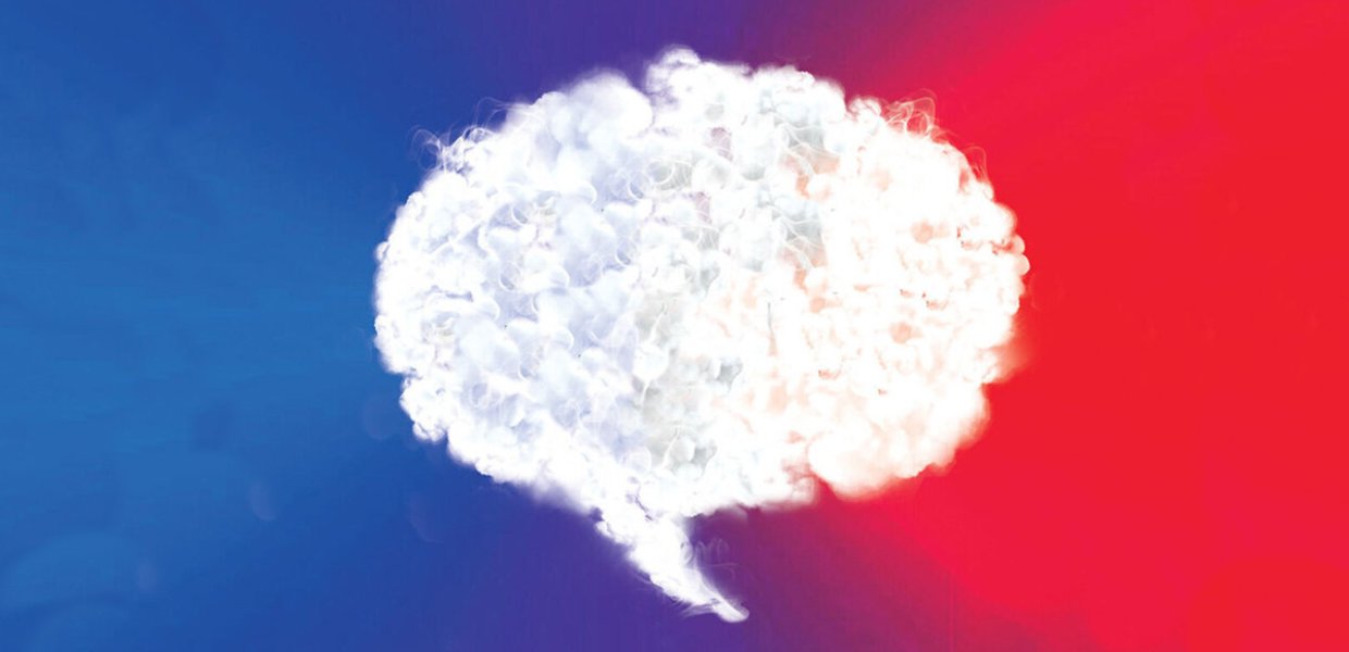 A cloudy speech bubble with a red and blue background