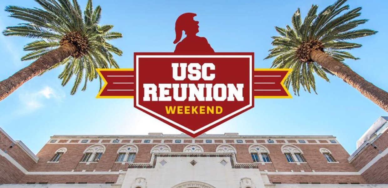 Photo of USC Doheny Library with an illustration of "USC Reunion Weekend"