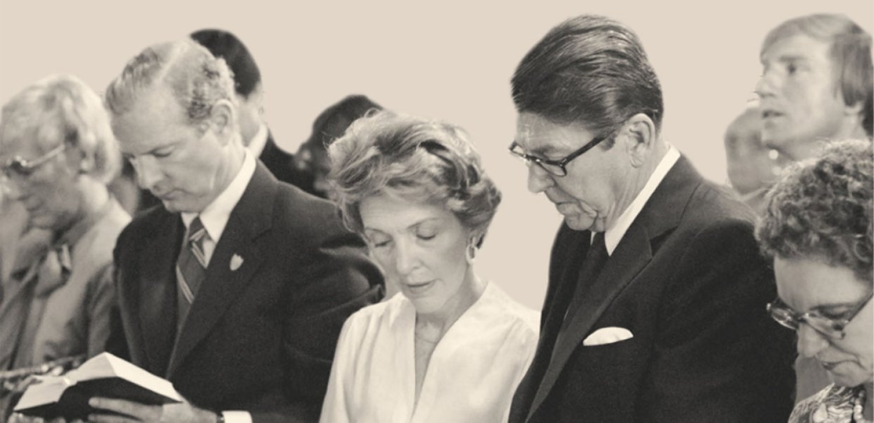 President Ronald Reagan and Nancy Reagan with James Baker