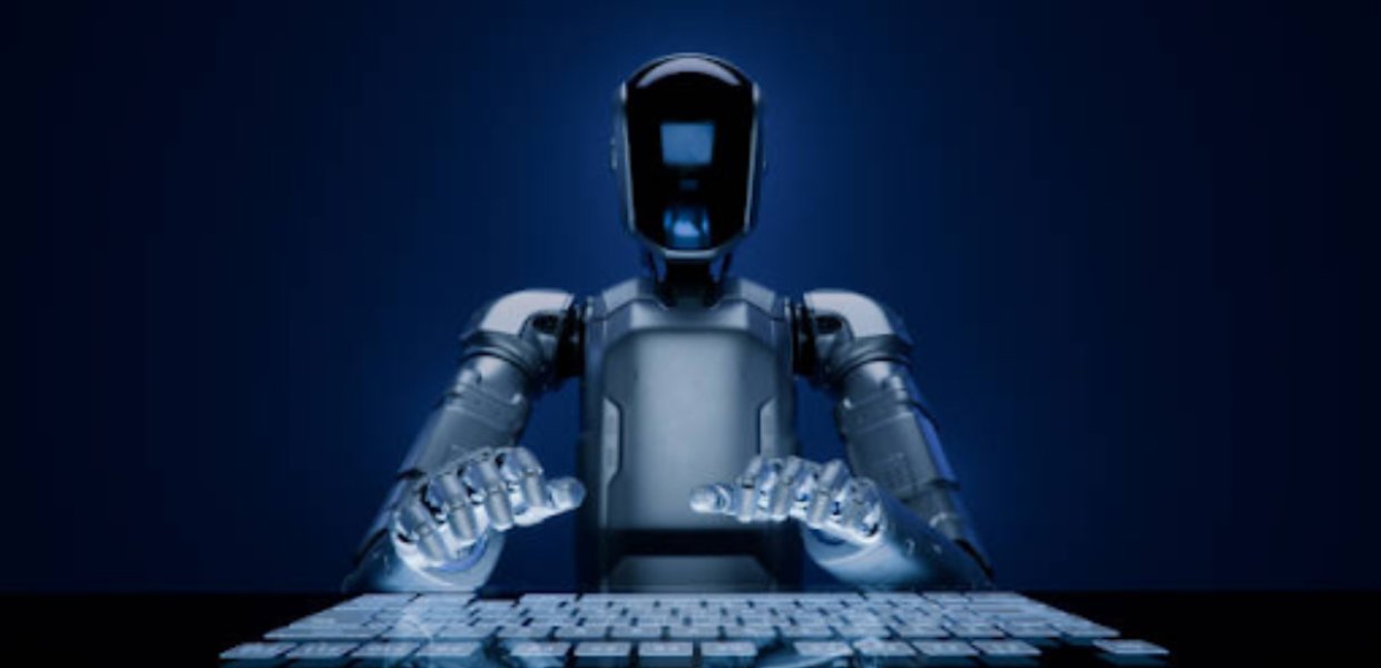 A robot at a computer keyboard