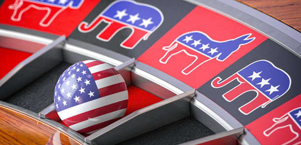 A roulette wheel with the symbols of democrat and republican as possible results, and a ball with an American flag on it as the roulette ball.