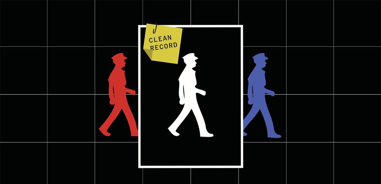 The silhouette of three men, red, white, and blue, with the centermost man labeled with a sticky note that reads "clean record"
