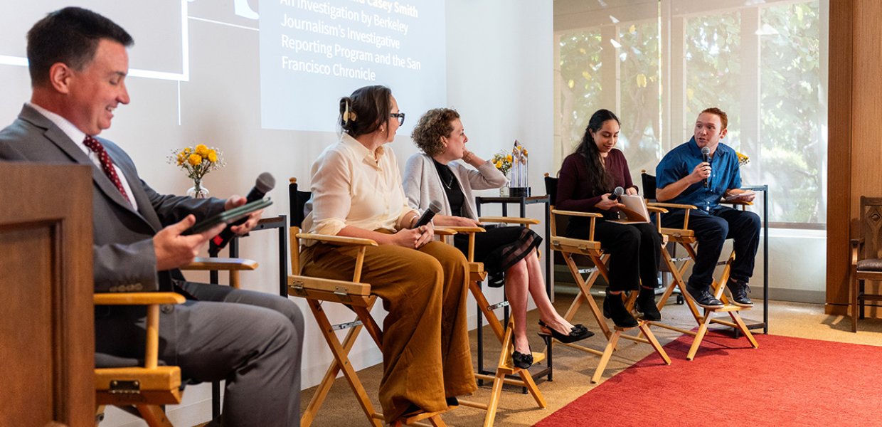 Katey Rusch and Casey Smith, winners of the 2025 Selden Ring Award for Investigative Journalism, on a panel with Gordon Stables and students Benjamin Royer and Mallika Seshadri.