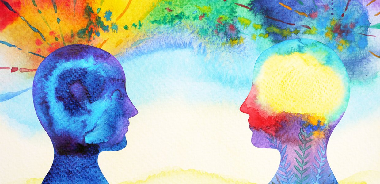 Illustration of two people in watercolor style standing in front of eachother