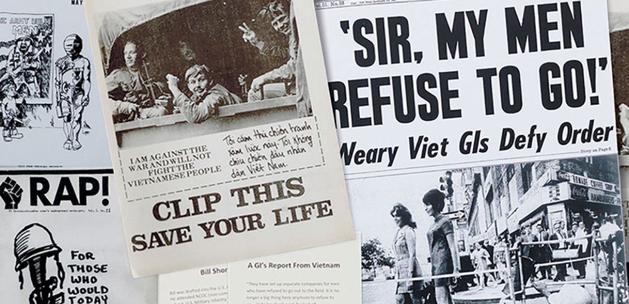 Photo collage of anti-war newspaper clippings