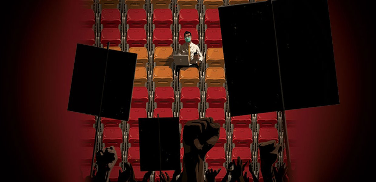Illustration of a person sitting in sports stands with protestors facing towards them