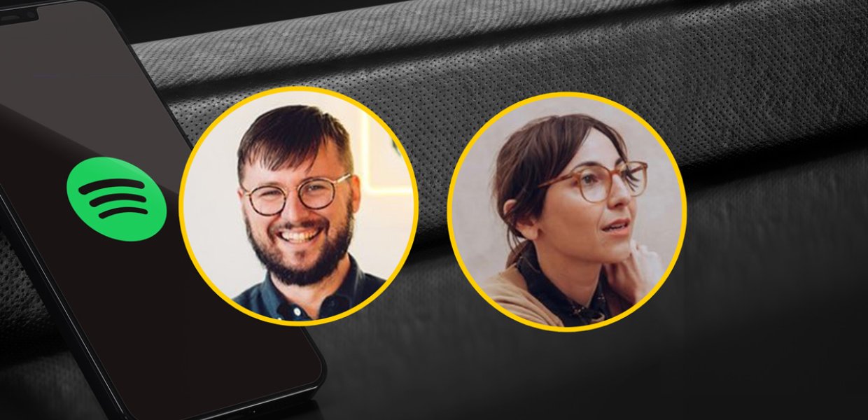 A graphic featuring headshots of two guest speakers from Spotify. 