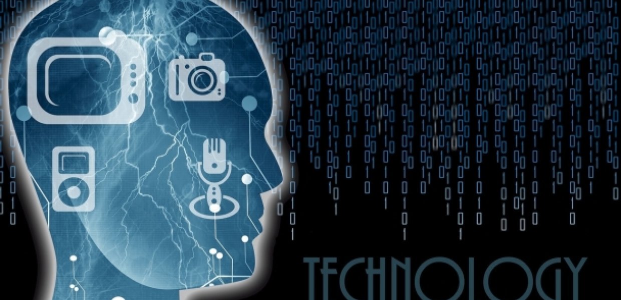 Illustration of a person's facial silhouette with technological gadgets and the word "technology" next to the figure