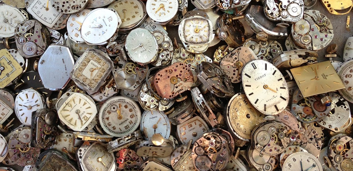 Various clocks and watch faces. 