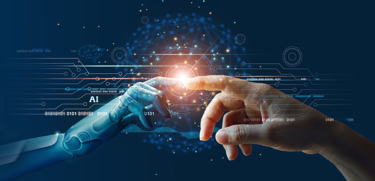Photo of robot hat touching human hand.