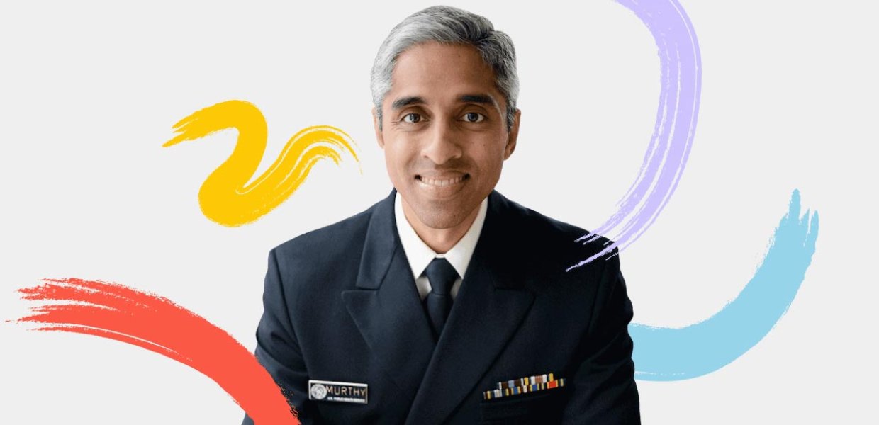 Vivek Murthy with colored swirls. 