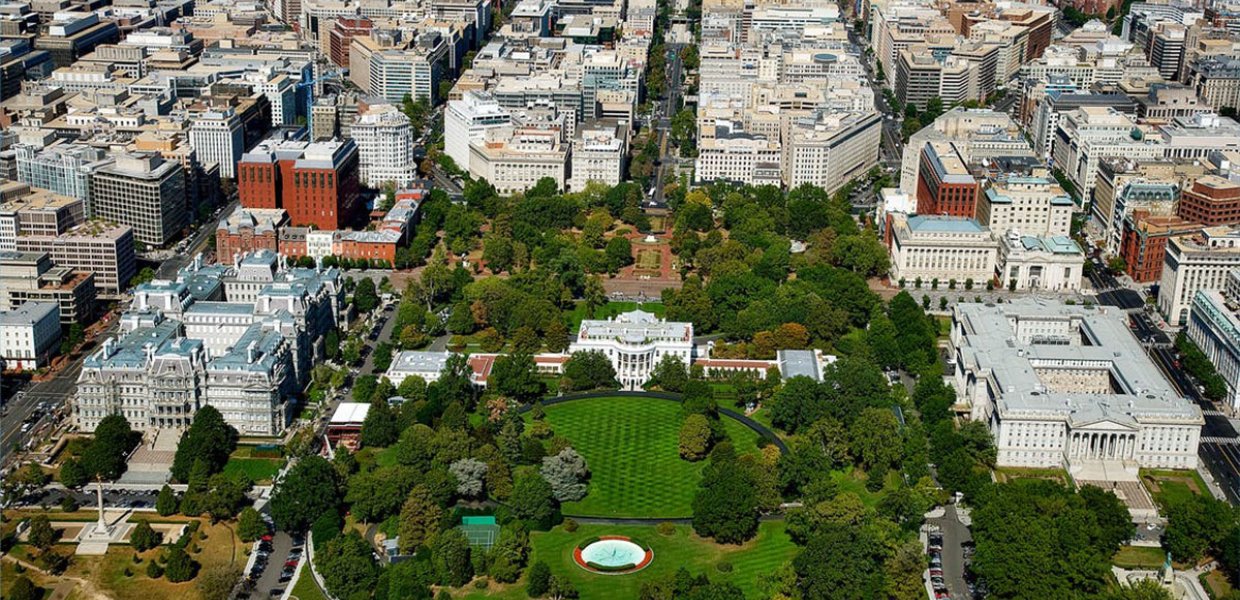 Aerial photo of concrete buildings in Washington D.C.