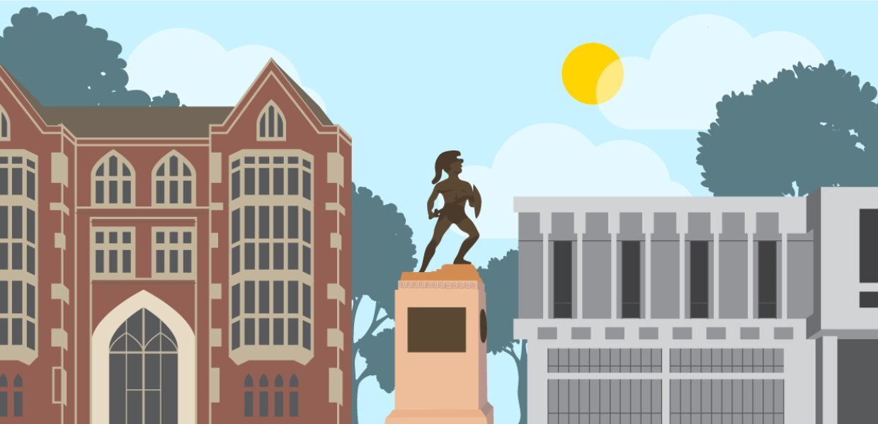 Illustration of Tommy Trojan between the Wallis Annenberg Hall and the Annenberg School for Communication and Journalism building