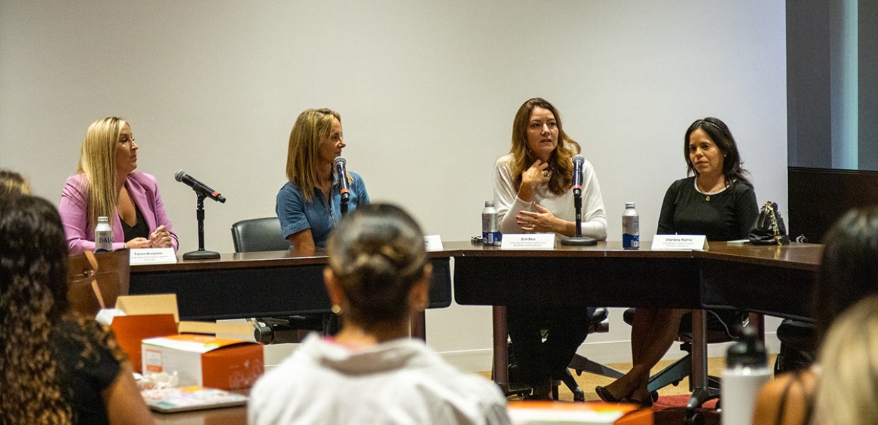 A previous panel on women in sports, held in 2023. (From left to right: moderator Farren Benjamin, Jennifer Prince, Erin Bice, and Charlene Riofrio.)